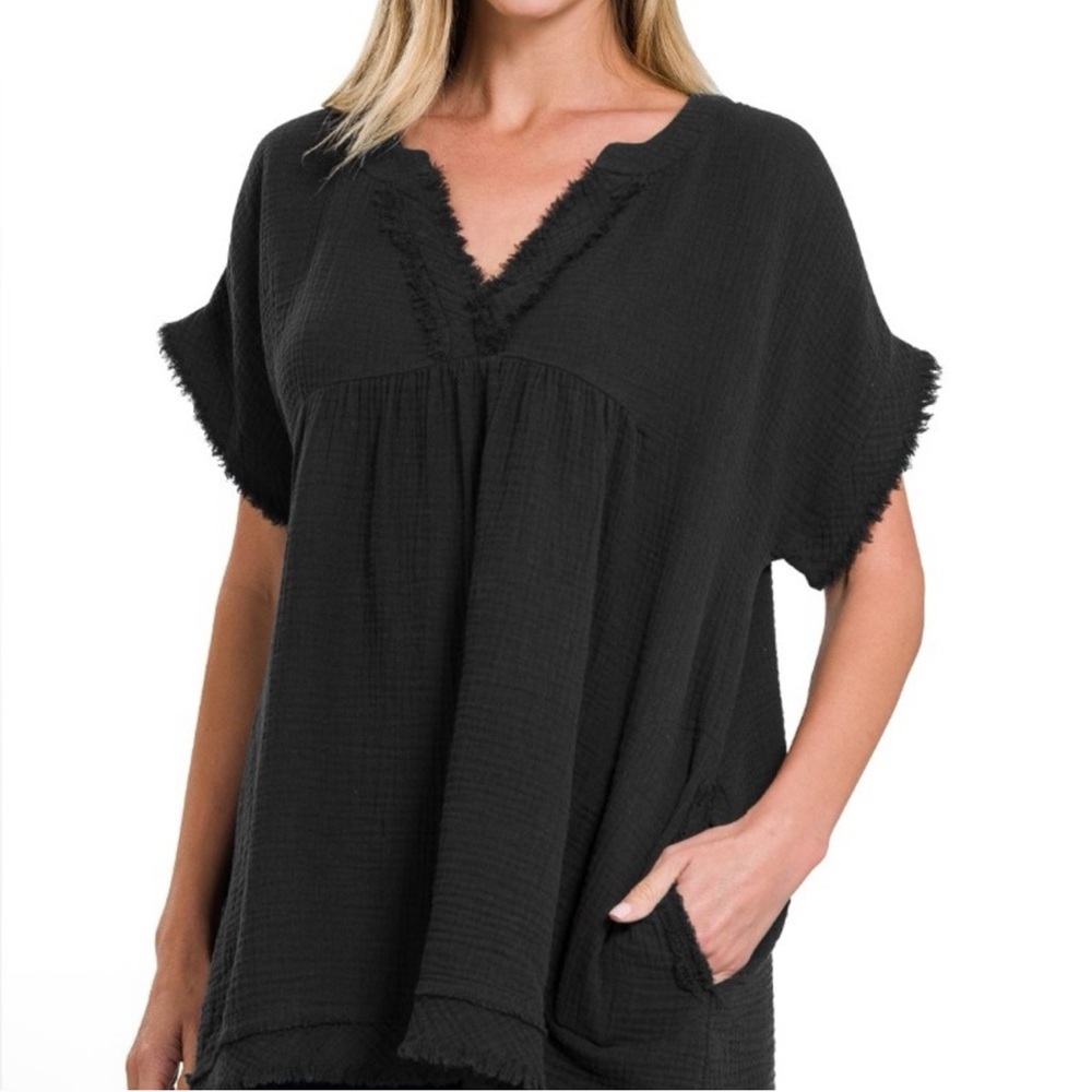New Zenana Gauze Black Deep Gray Women's Top